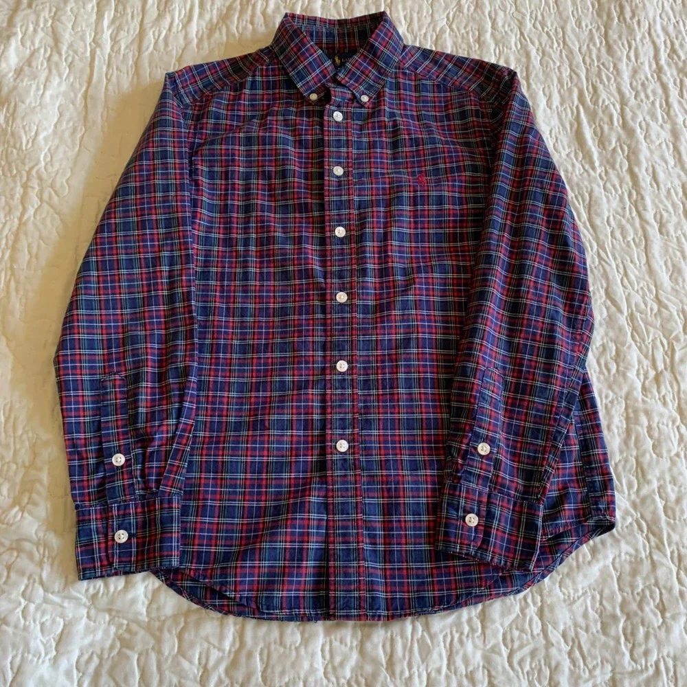 Ralph Lauren M (10-12) Button Down Shirt Blue Red Plaid Cotton Long Sleeve Pony